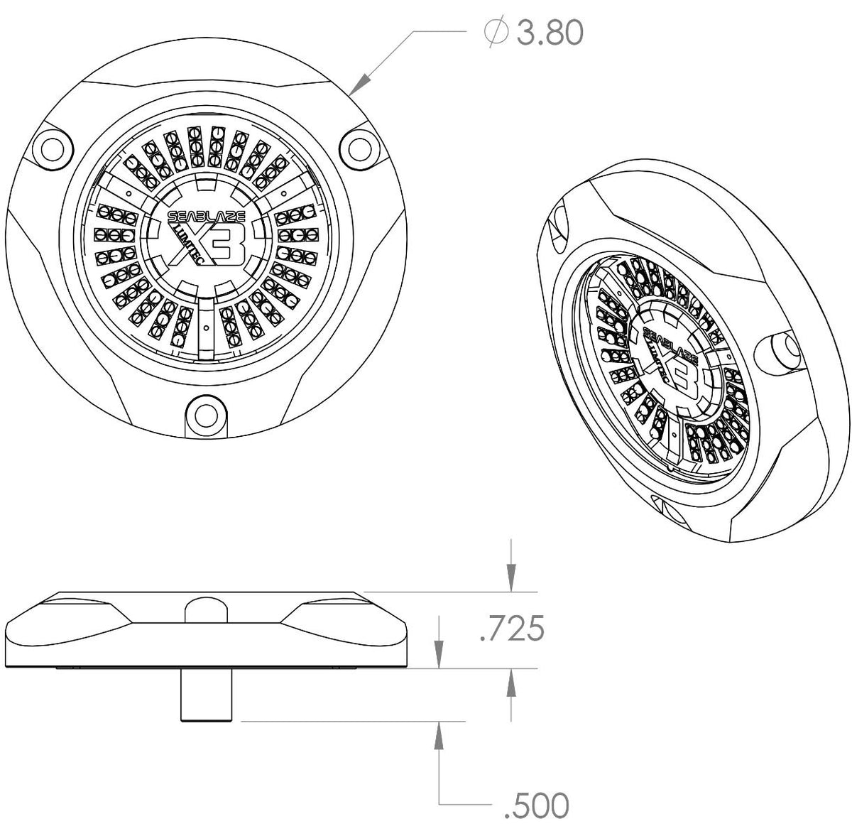 Lumitec SeaBlaze X3 manufacturer mounting dimensions